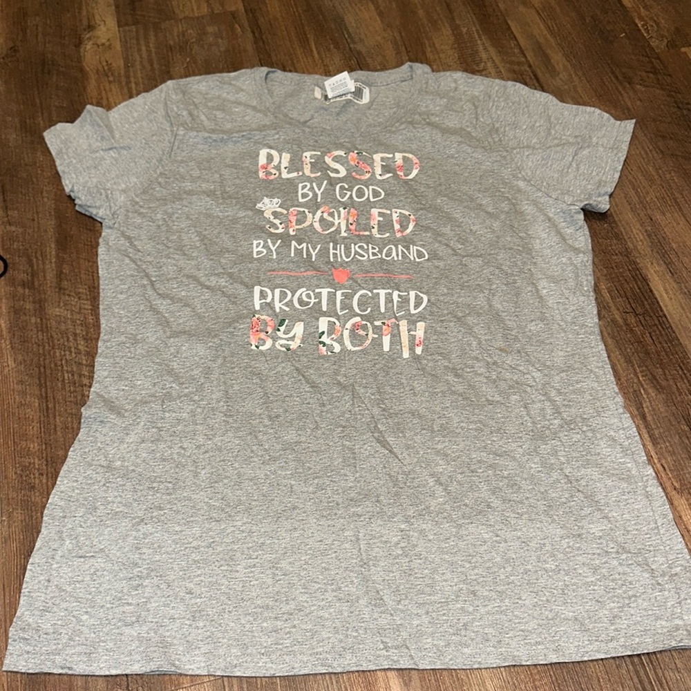 Women’s Graphic Tee 2XL Blessed by God Spoiled by my Husband Protected by both
